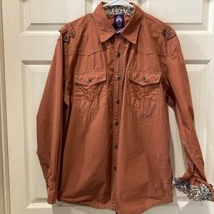 Franky Max Large Men's Long Sleeve Rust Shirt Embroidered Details Contrast Cuff